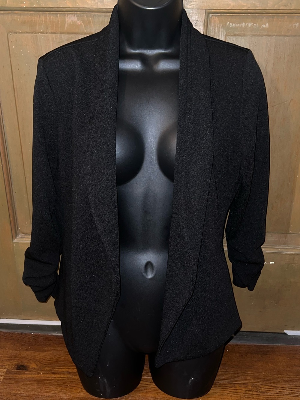 Lock & Love Black Open Front Chic Ruched Sleeve Blazer Jacket Size L